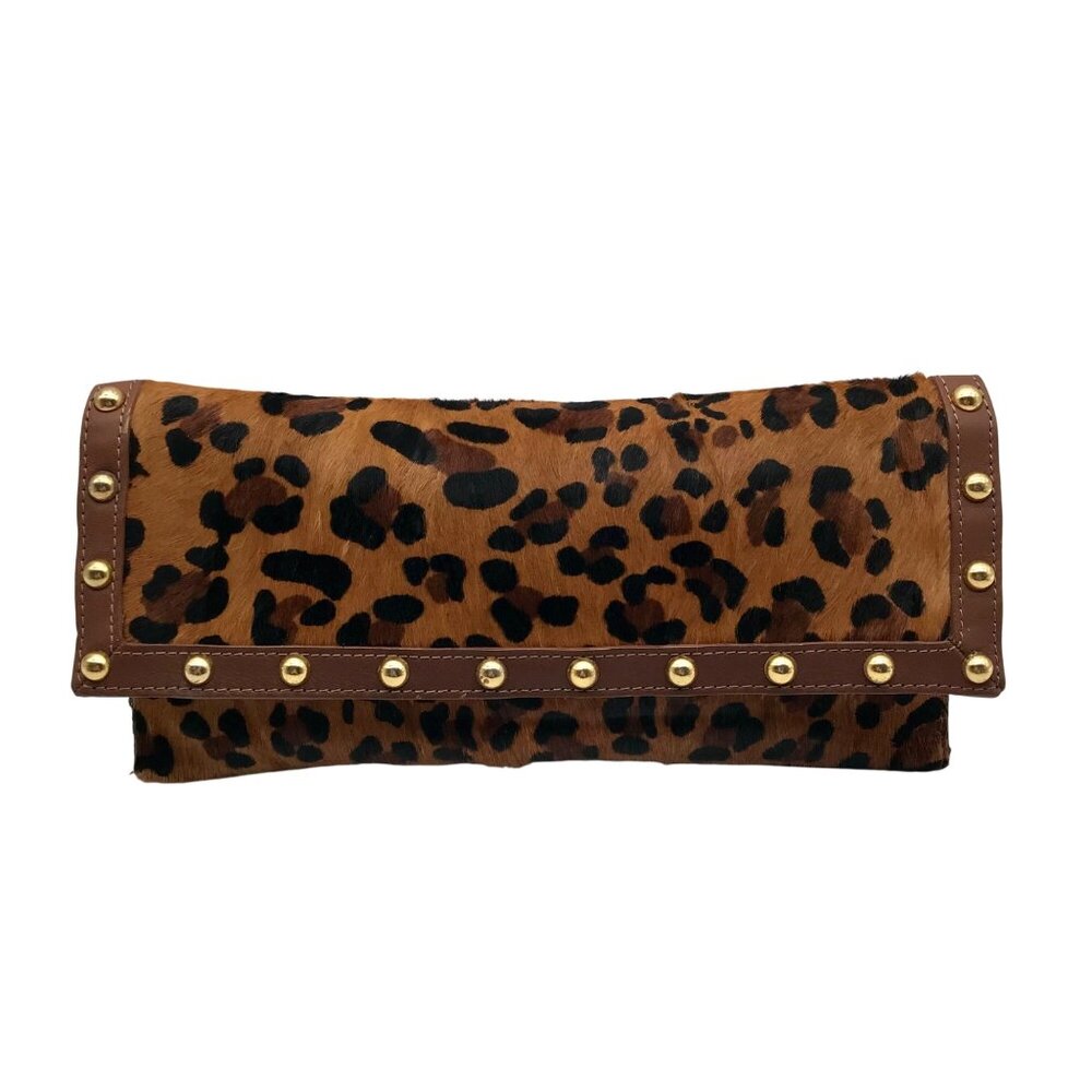 Beverly Feldman Brown Studded Leopard Print Clutch